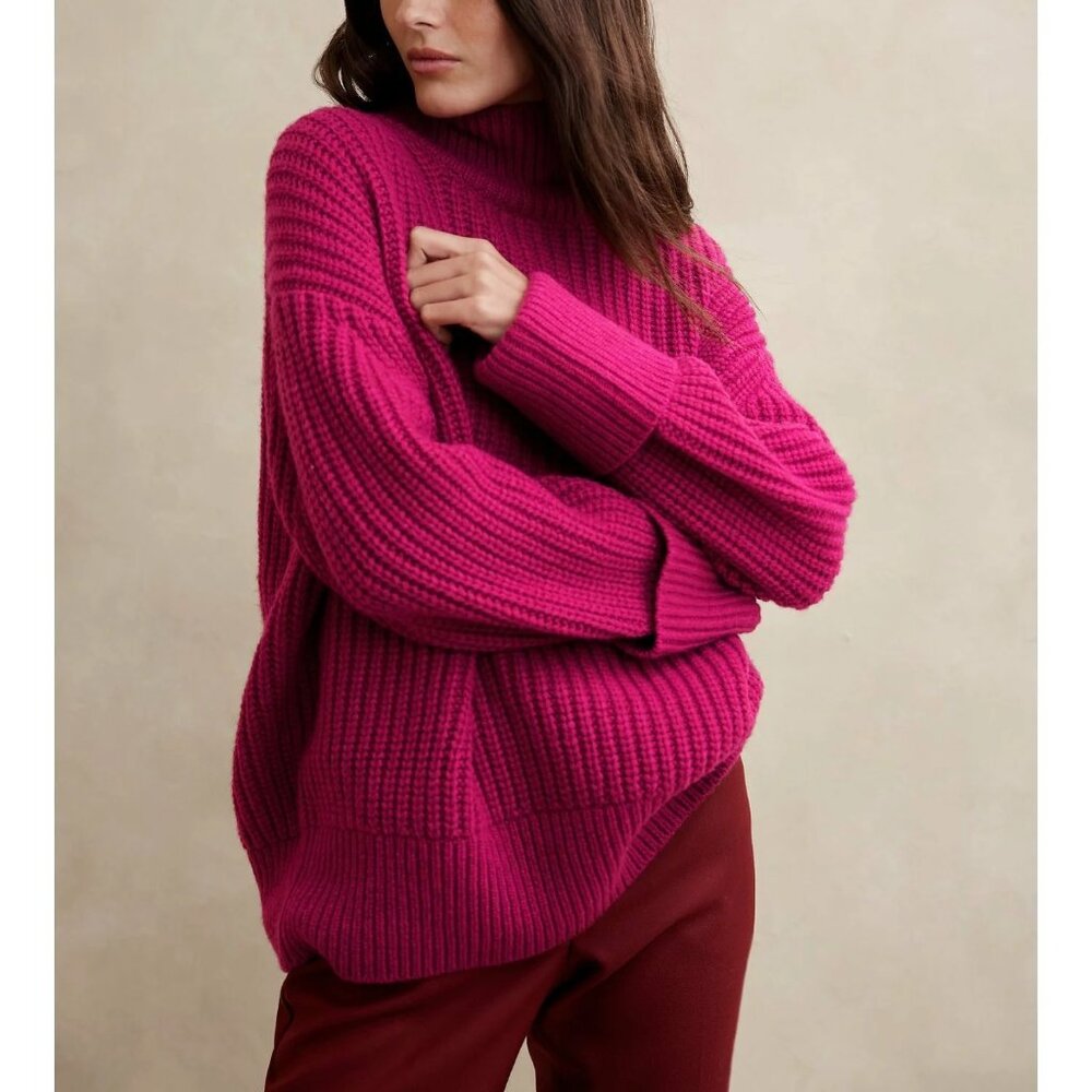 NWT Banana Republic Berry Pink Chunky Aziza Italian Wool-Blend Ribbed Sweater XL